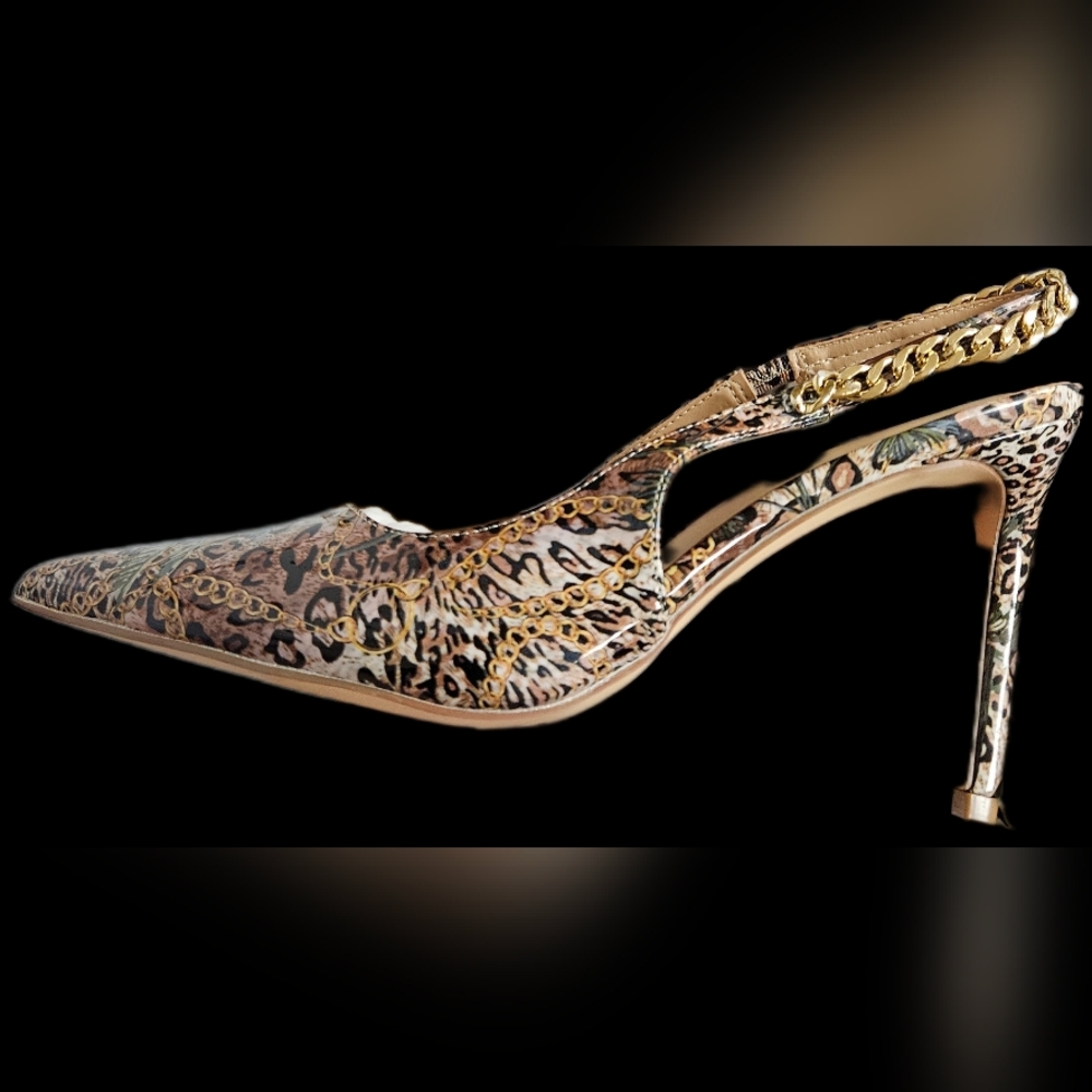 NWT LEOPARD PRINT POINTED TOE STILLETTO HEEL PUMPS CHAIN DETAIL: SIZE 8.5! - Picture 14 of 16